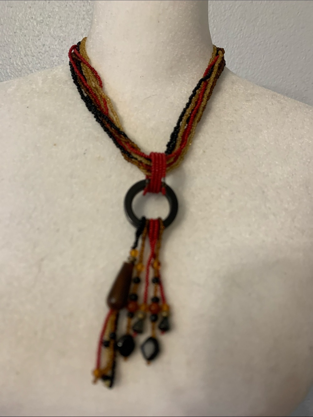 Chico's Red, Black & Gold Multi-Strand Beaded Pendant Necklace